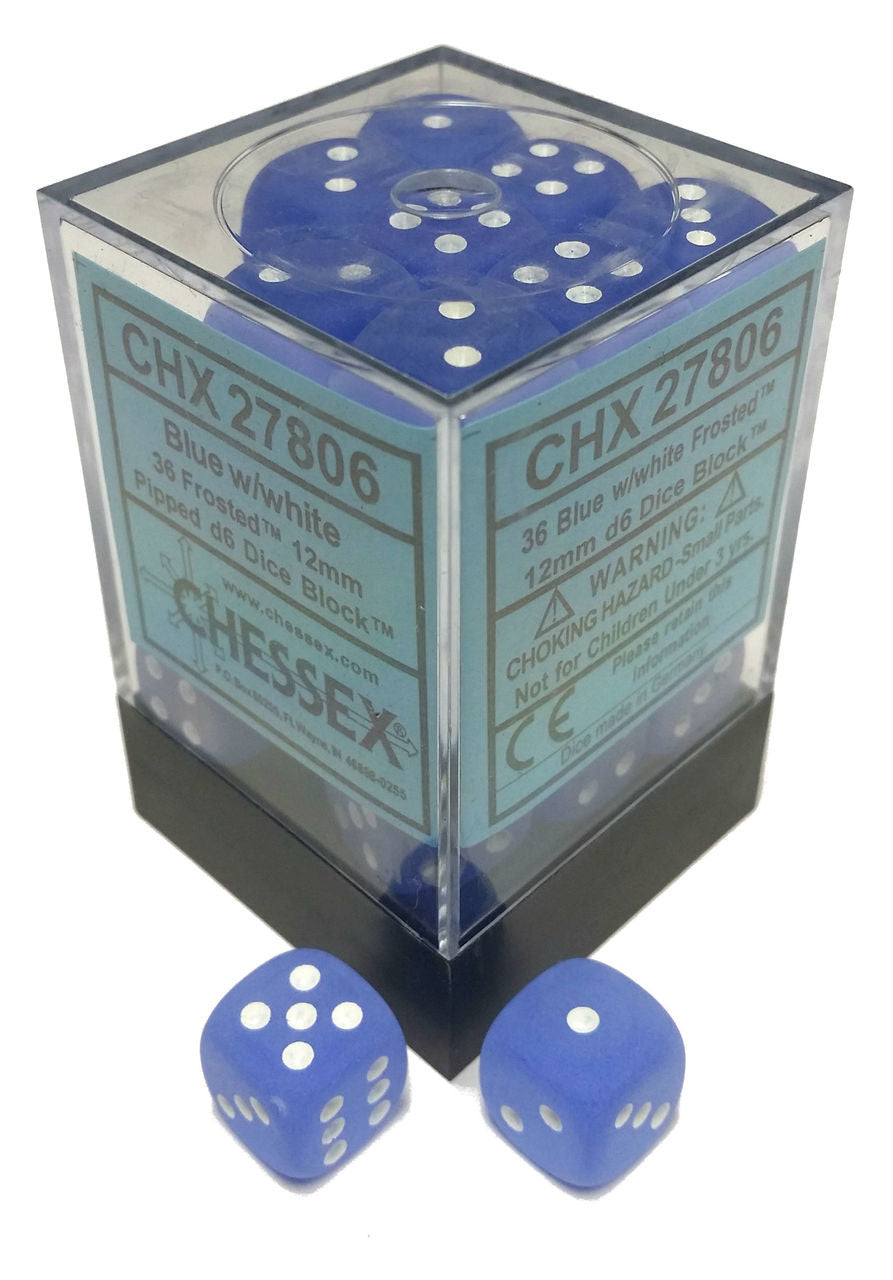 Frosted: 12mm D6 Blue/White (36) | Gopher Games