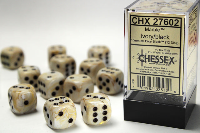 Marble Ivory/black 16mm d6 Dice Block (12 dice) | Gopher Games