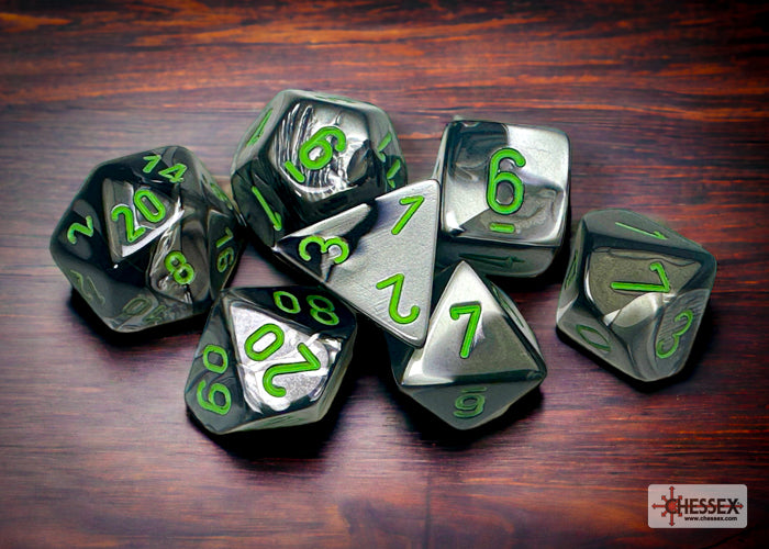 Gemini: Black-Grey/Green Polyhedral 7-dice set | Gopher Games