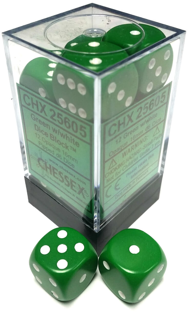 Opaque: 16mm D6 Green/White (12) | Gopher Games