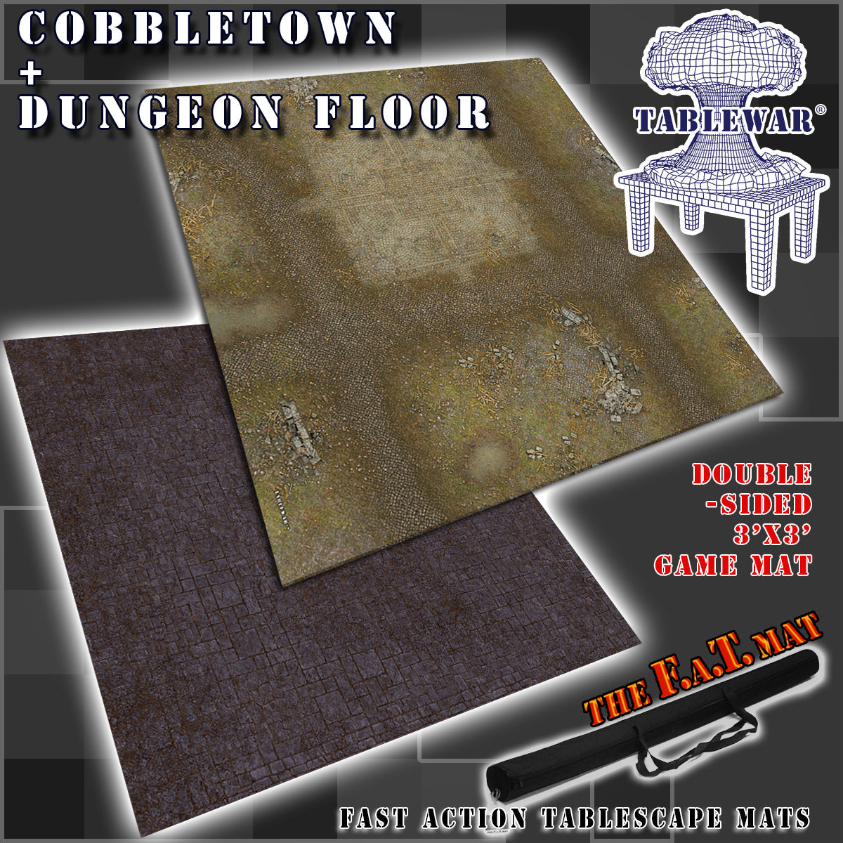 3x3' Double Sided 'Cobbletown + Dungeon Floor' F.A.T. Mat Battle Gaming Mat | Gopher Games