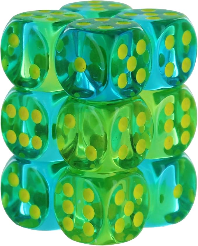 Gemini: 16mm d6 Translucent Green-Teal/yellow Dice Block (12 dice) | Gopher Games