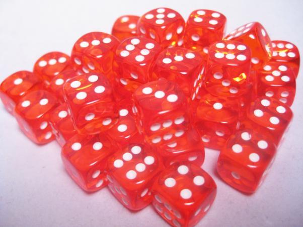 D6 -- 12MM TRANSLUCENT DICE, ORANGE/WHITE; 36CT | Gopher Games