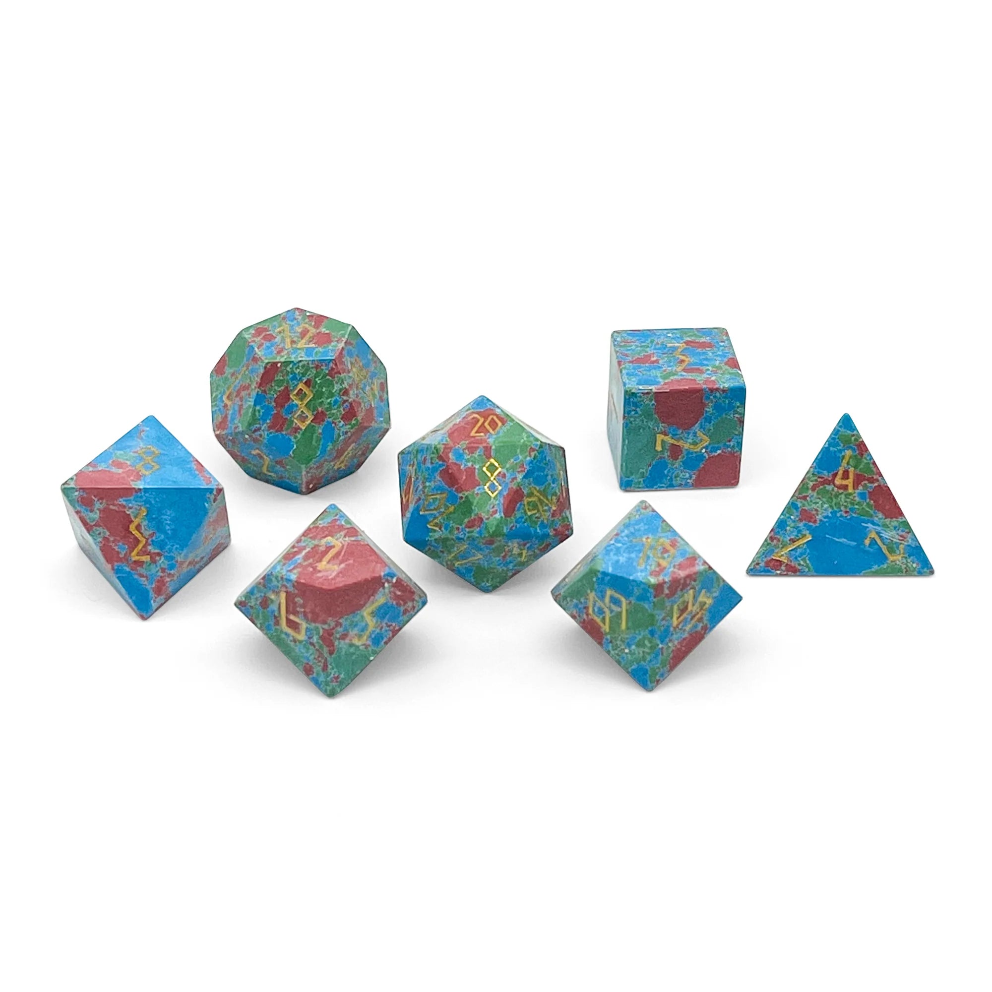 RED, GREEN, AND BLUE SPLOTTED TURQUOISE - 7 PIECE RPG SET TRUSTONE DICE | Gopher Games