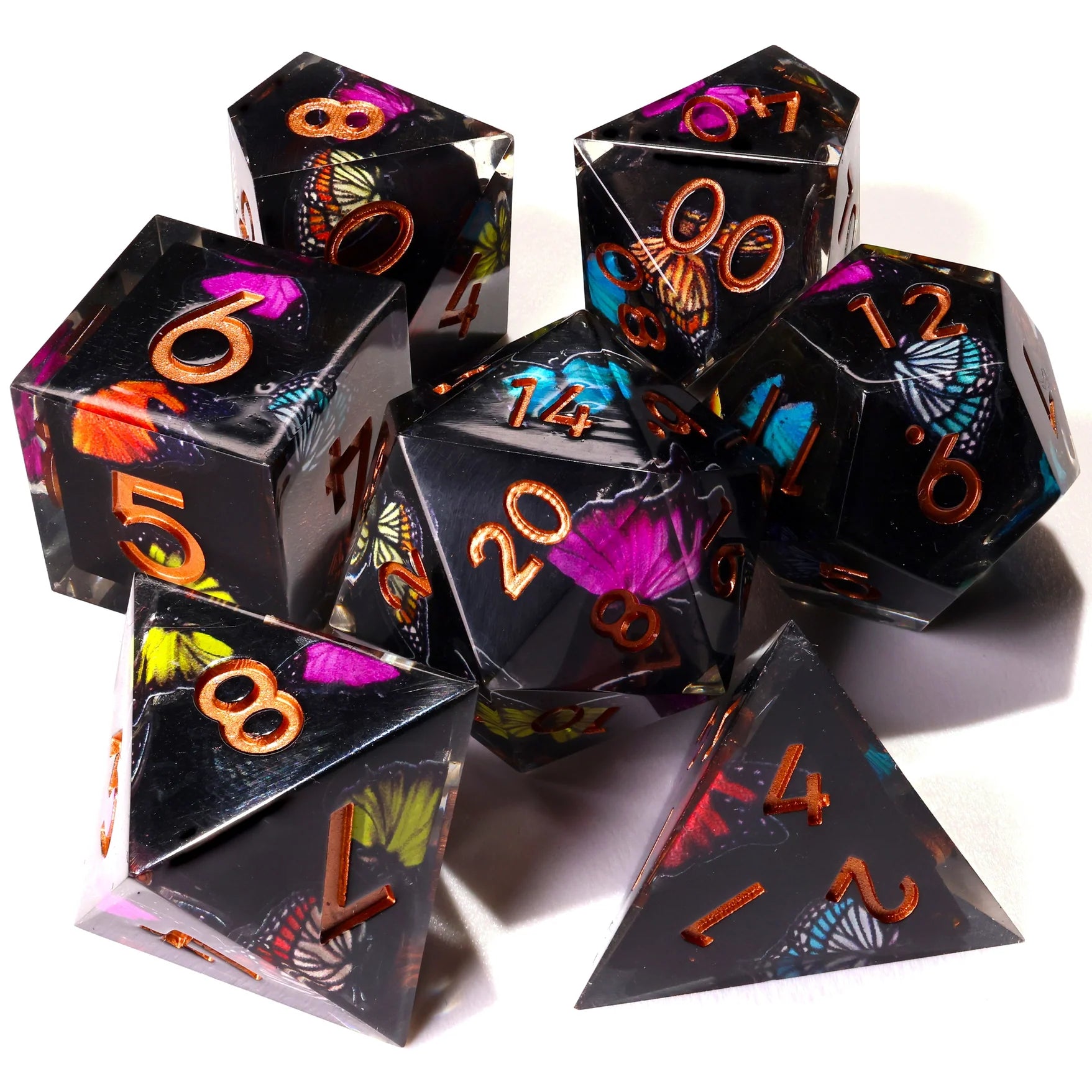Black Butterfly Sharp Edge RPG Dice Set - 7 Pieces | Gopher Games