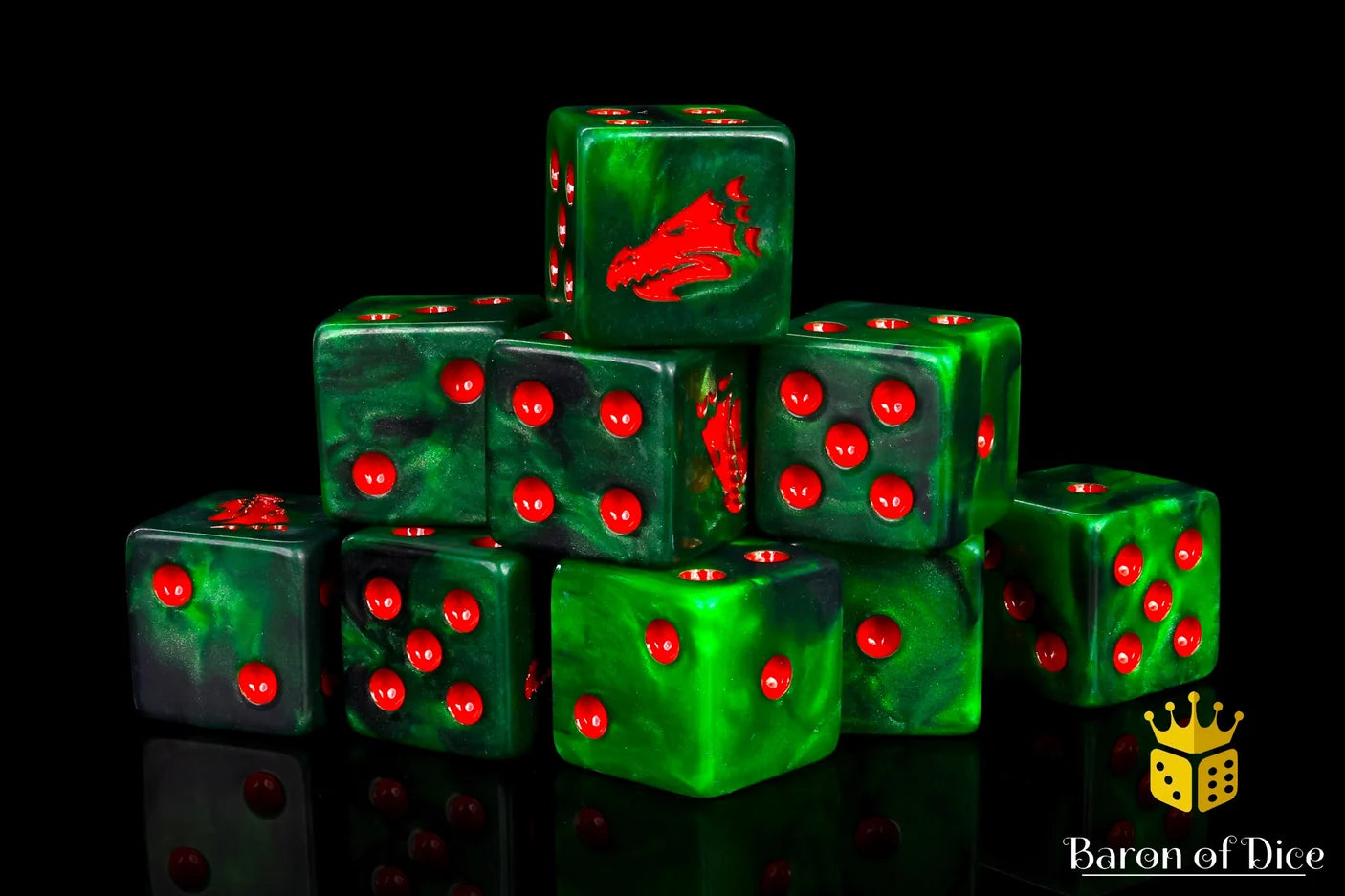 Drake Dice Green & Orange (Set of 25, 16mm, Square corners) | Gopher Games