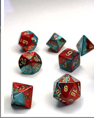Gemini: Mini-Polyhedral Red-Teal/gold 7-Die Set | Gopher Games