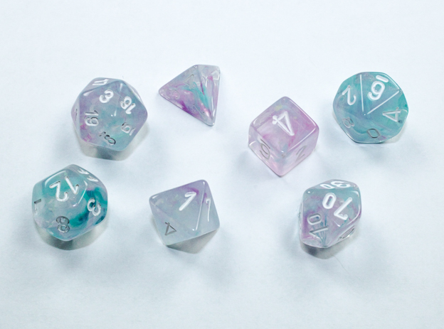 Nebula: Mini-Polyhedral Wisteria/white 7-Die set | Gopher Games