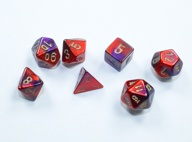 Gemini: Mini-Polyhedral Purple-Red/gold 7-Die Set | Gopher Games