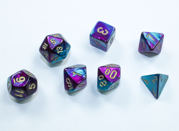 Gemini: Mini-Polyhedral Purple-Teal/gold 7-Die Set | Gopher Games