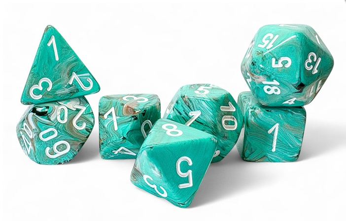 Marble: Mega-hedral Oxi-Copper/white 7-Die Set | Gopher Games