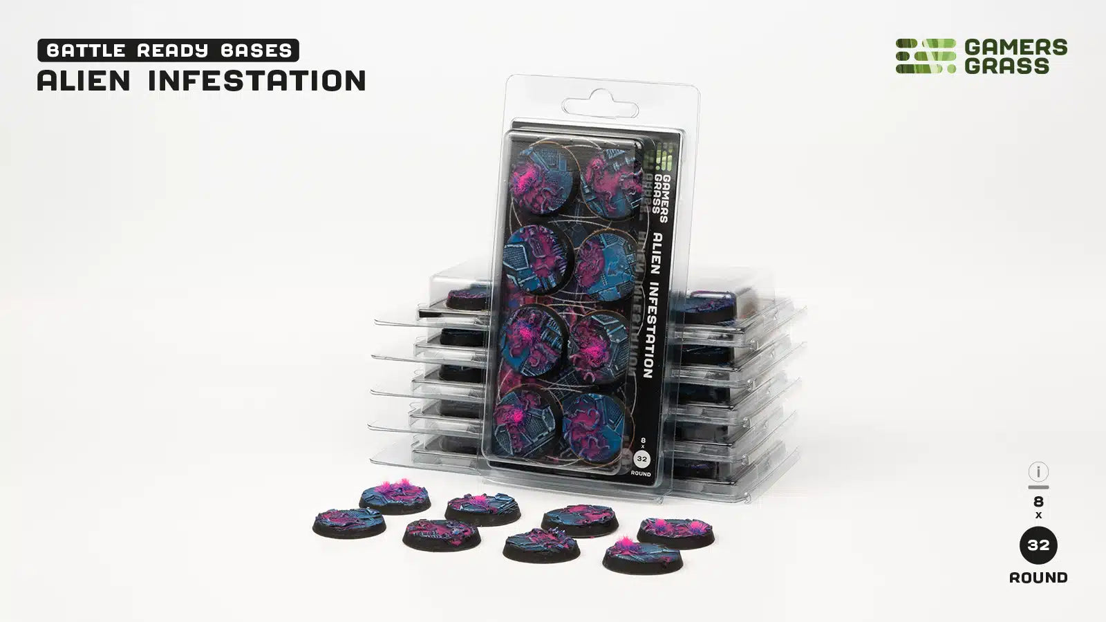 Gamers Grass Alien Infestation Bases Round 32mm x8 | Gopher Games