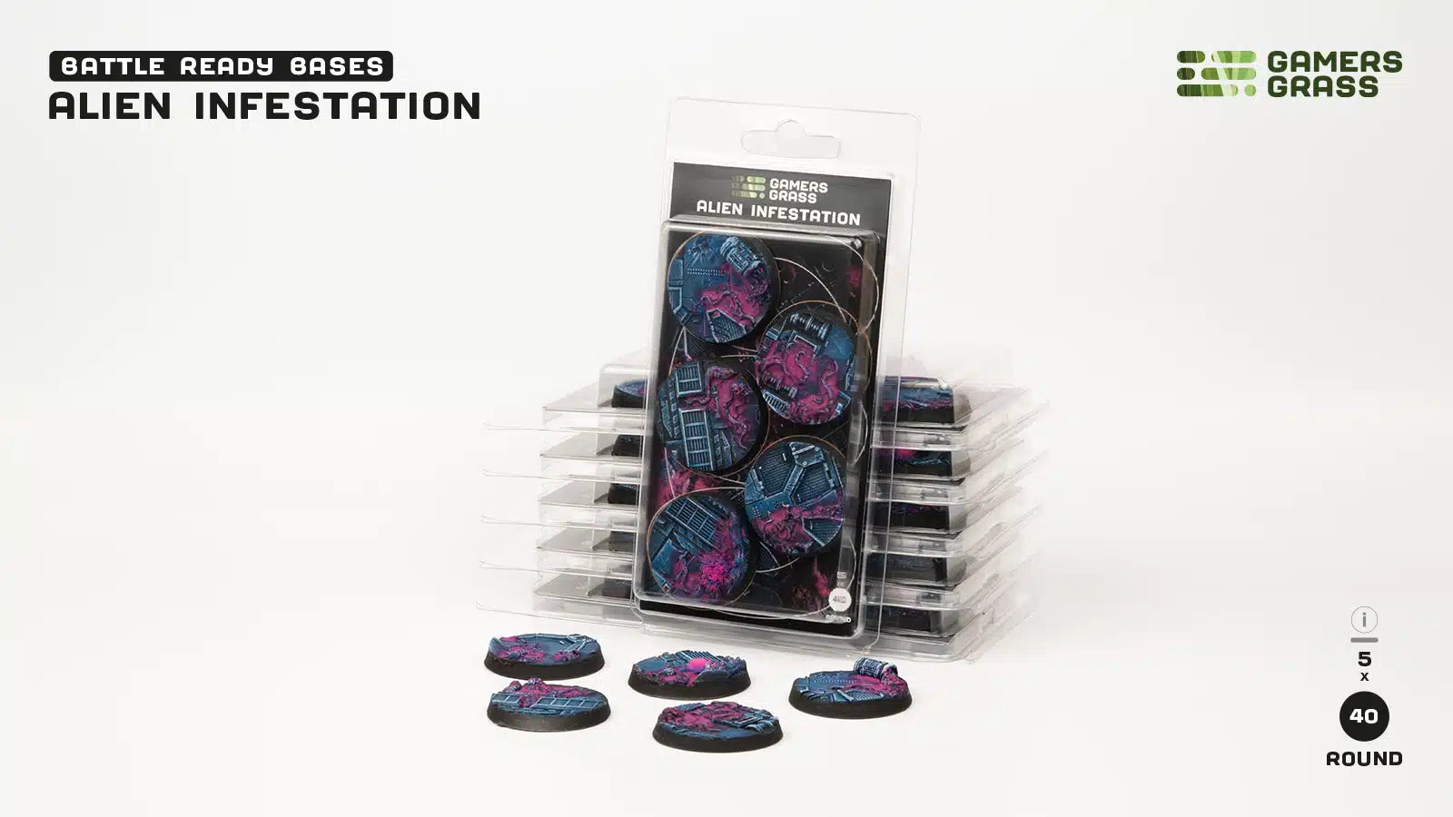 Gamers Grass Alien Infestation Bases Round 40mm x5 | Gopher Games