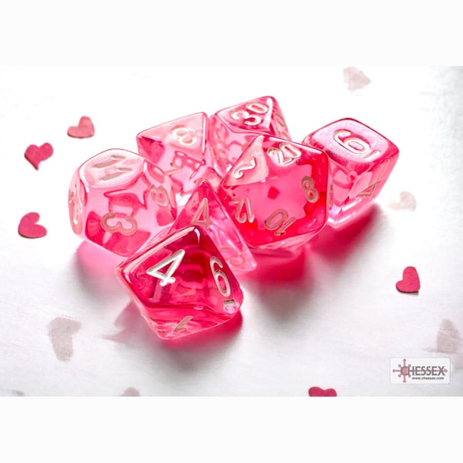 7CT MINI-POLYHEDRAL DICE SET: TRANSLUCENT PINK WITH WHITE | Gopher Games