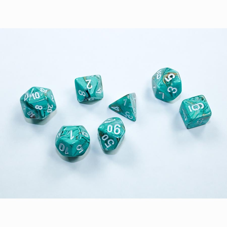 7CT MINI-POLYHEDRAL DICE SET: MARBLE OXI-COPPER WITH WHITE | Gopher Games