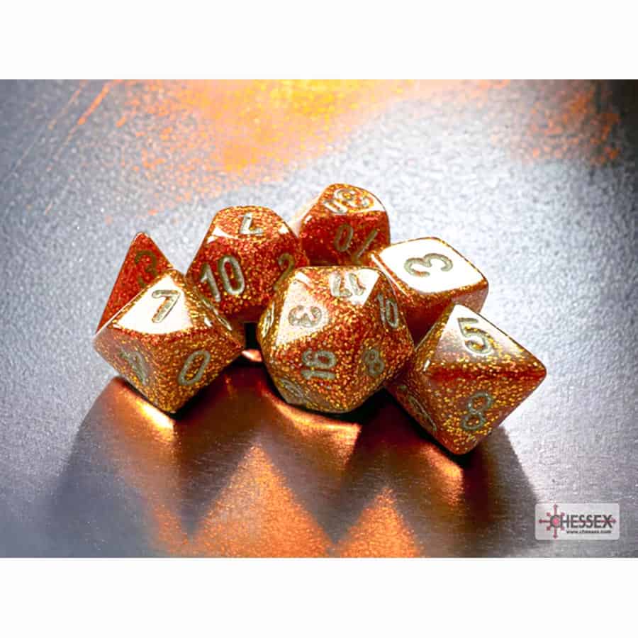 7CT MINI-POLYHEDRAL DICE SET: GLITTER GOLD WITH SILVER | Gopher Games