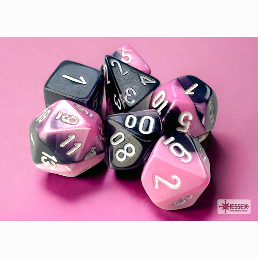 7CT MINI-POLYHEDRAL DICE SET: GEMINI BLACK-PINK WITH WHITE | Gopher Games
