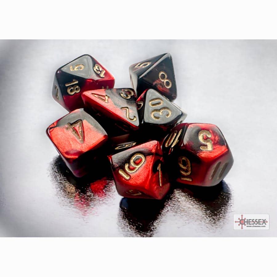 7CT MINI-POLYHEDRAL DICE SET: GEMINI BLACK-RED WITH GOLD | Gopher Games