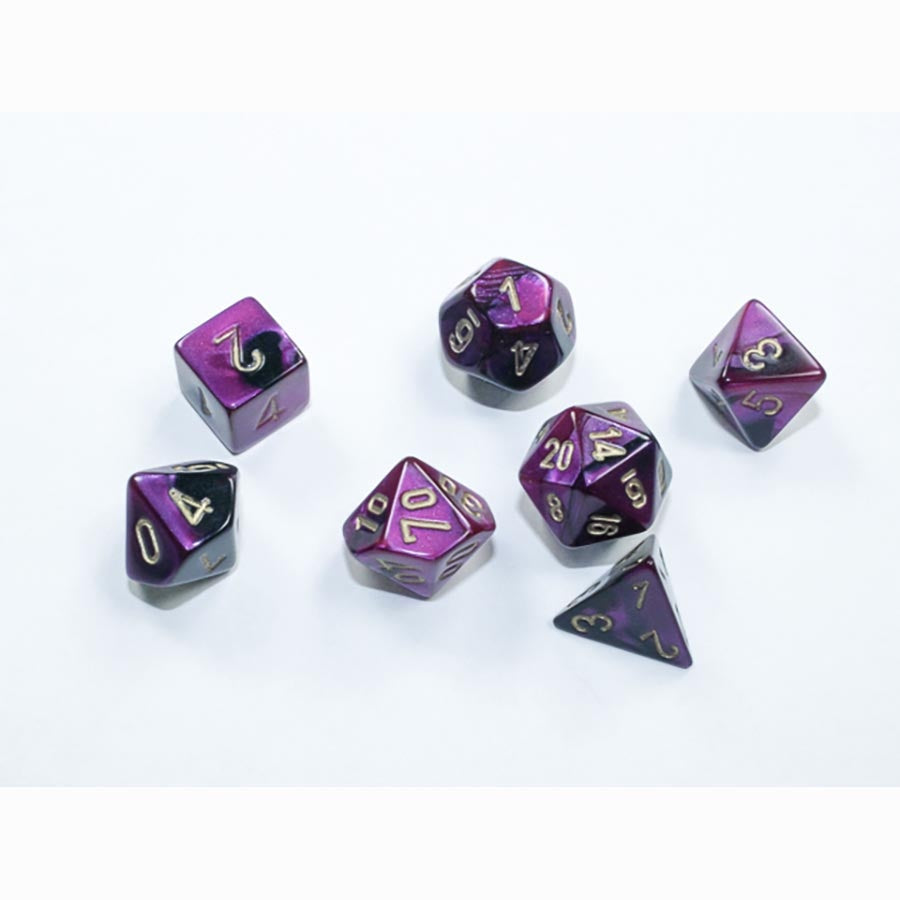 7CT MINI-POLYHEDRAL DICE SET: GEMINI BLACK-PURPLE WITH GOLD | Gopher Games