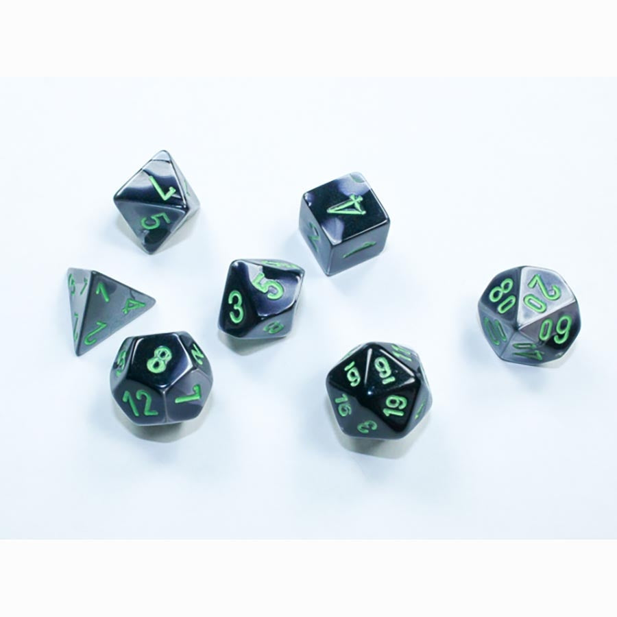 7CT MINI-POLYHEDRAL DICE SET: GEMINI BLACK-GREY WITH GREEN | Gopher Games