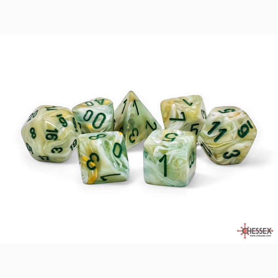 7CT MEGA-HEDRAL DICE SET: MARBLE GREEN WITH DARK GREEN | Gopher Games