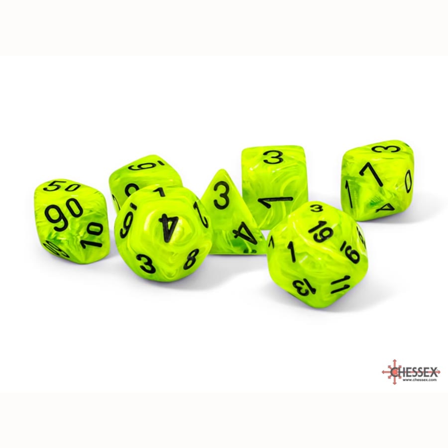 7CT MEGA-HEDRAL DICE SET: VORTEX BRIGHT GREEN WITH BLACK | Gopher Games