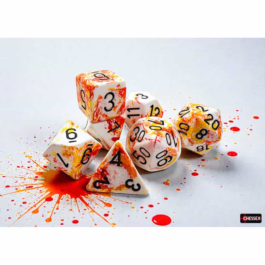 BRUSHED DICE: POLYHEDRAL SUNRISE WITH BLACK 7-DIE SET | Gopher Games