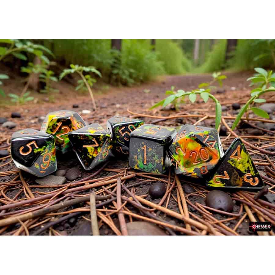 BRUSHED DICE: POLYHEDRAL DEEP FOREST WITH BRONZE 7-DIE SET | Gopher Games