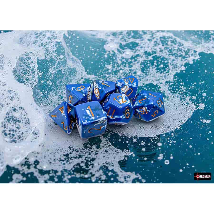 BRUSHED DICE: POLYHEDRAL WAVEBREAK WITH GOLD 7-DIE SET | Gopher Games