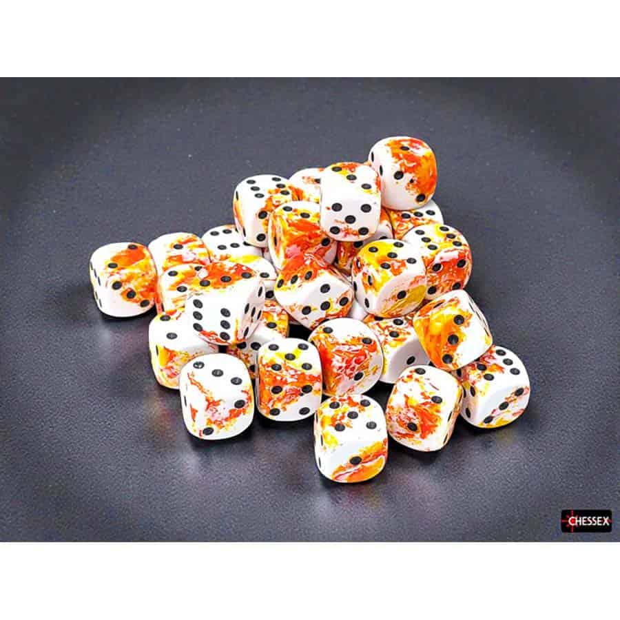BRUSHED DICE: 12MM D6 SUNRISE WITH BLACK DICE BLOCK (36 DICE) | Gopher Games
