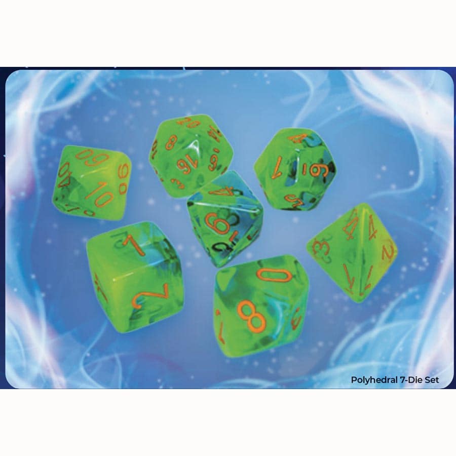 GEMINI POLYHEDRAL PLASMA GREEN-TEAL WITH ORANGE LUMINARY 7-DIE SET | Gopher Games