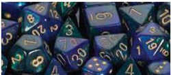 D6 -- 16MM GEMINI DICE, BLUE-GREEN/GOLD; 12CT | Gopher Games