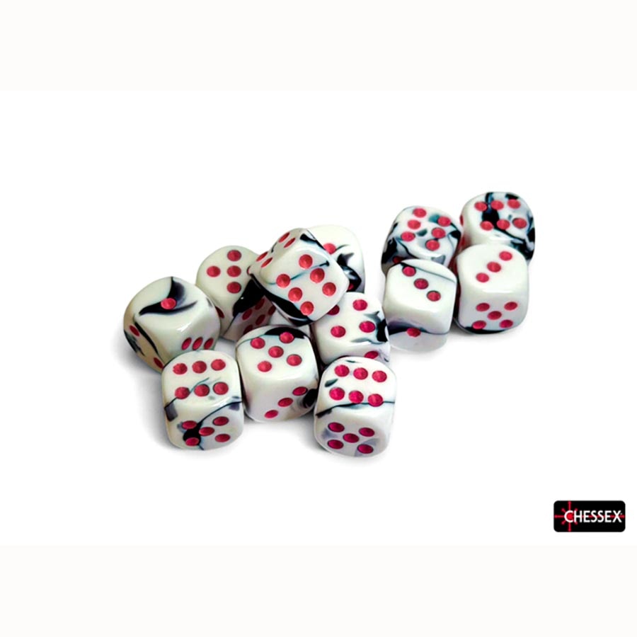 DICE MENAGERIE 11: GEMINI 16MM D6 BLACK-WHITE WITH PINK DICE BLOCK (12 DICE) | Gopher Games
