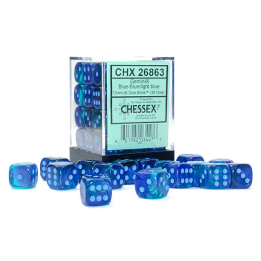 12MM 36CT D6 BLOCK: GEMINI BLUE-BLUE/LIGHT BLUE LUMINARY | Gopher Games