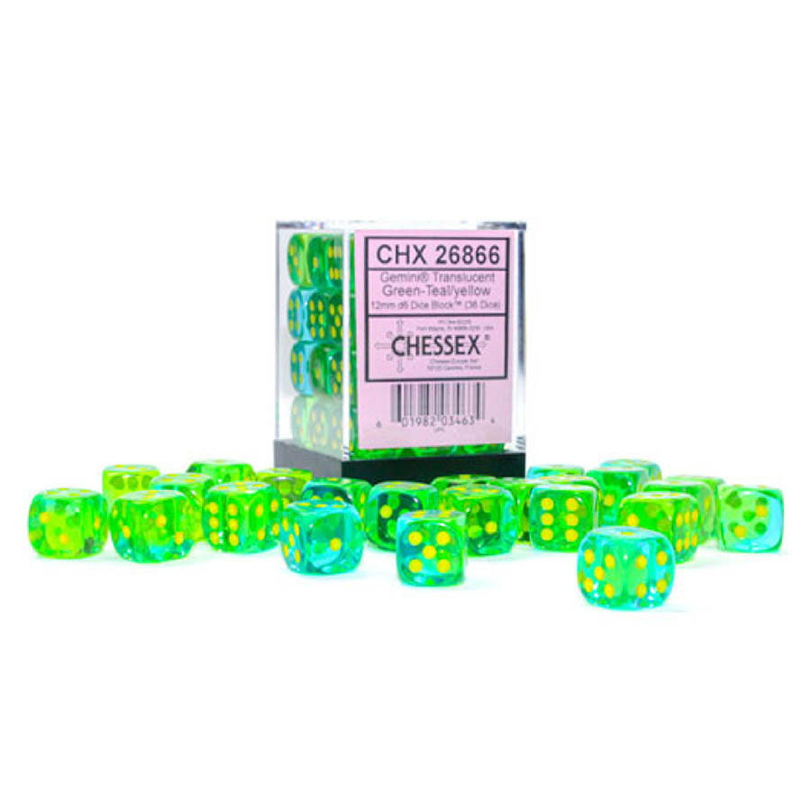 Gemini Translucent green-teal/yellow 12 mm d6 | Gopher Games