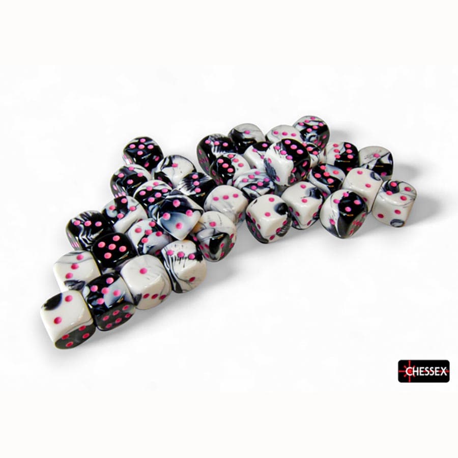 DICE MENAGERIE 11: GEMINI 12MM D6 BLACK-WHITE WITH PINK DICE BLOCK (36 DICE) | Gopher Games