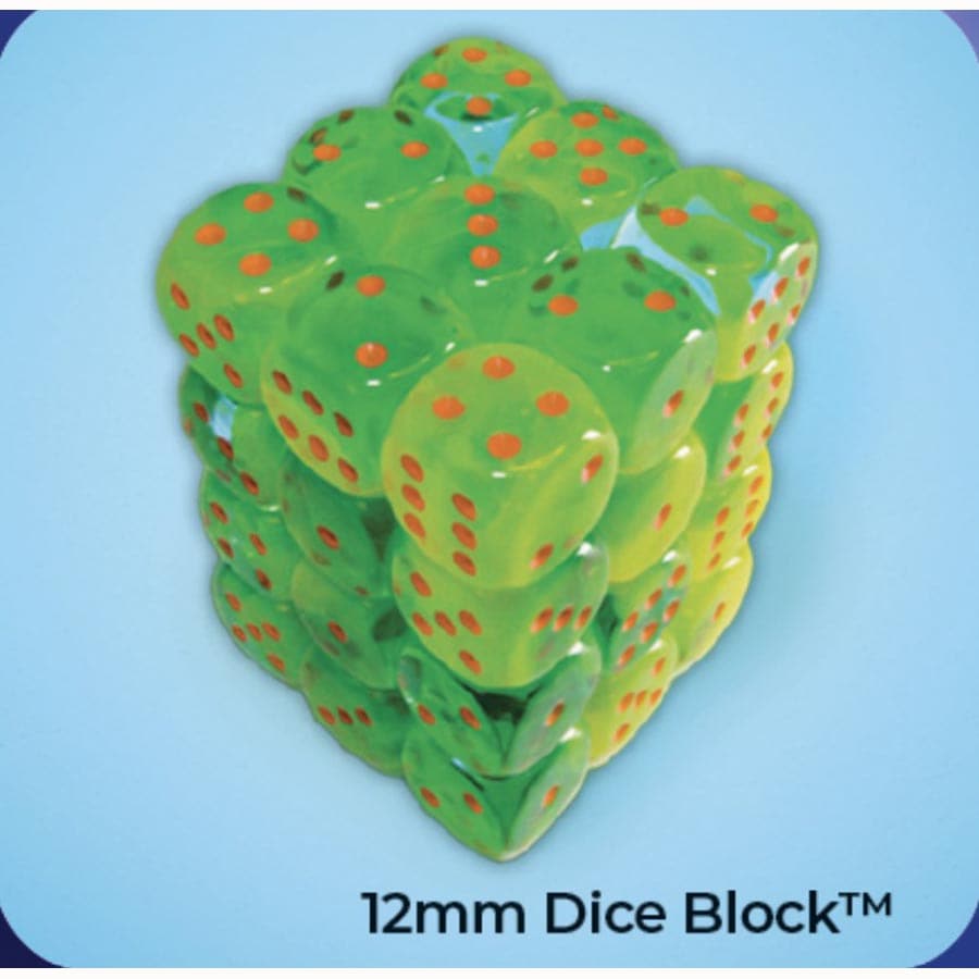DICE MENAGERIE 11: GEMINI 12MM D6 PLASMA GREEN-TEAL WITH ORANGE LUMINARY DICE BLOCK (36 DICE) | Gopher Games