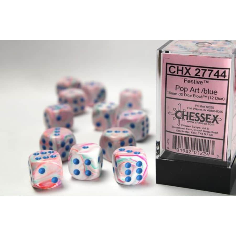 D6 -- 16MM FESTIVE DICE, POP-ART/BLUE, 12CT | Gopher Games