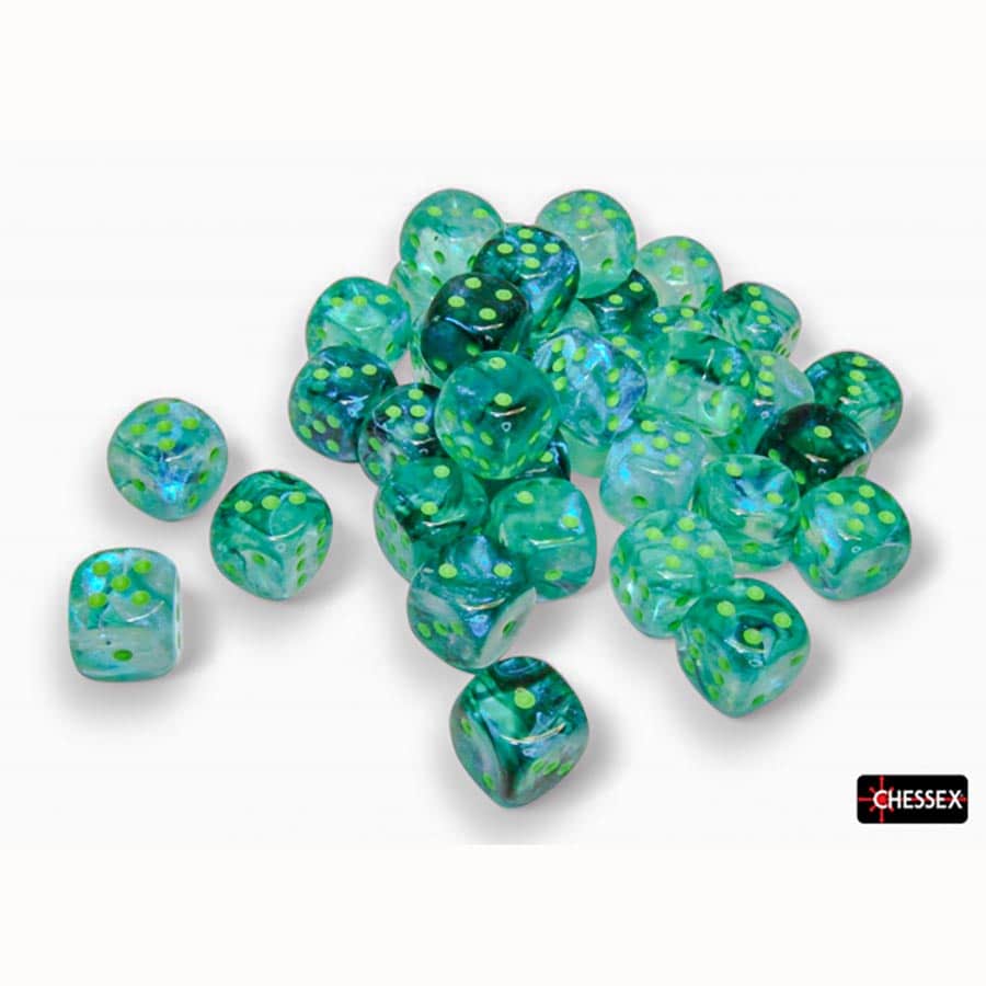 DICE MENAGERIE 11: BOREALIS 12MM D6 KELP WITH LIGHT GREEN LUMINARY DICE BLOCK (36 DICE) | Gopher Games