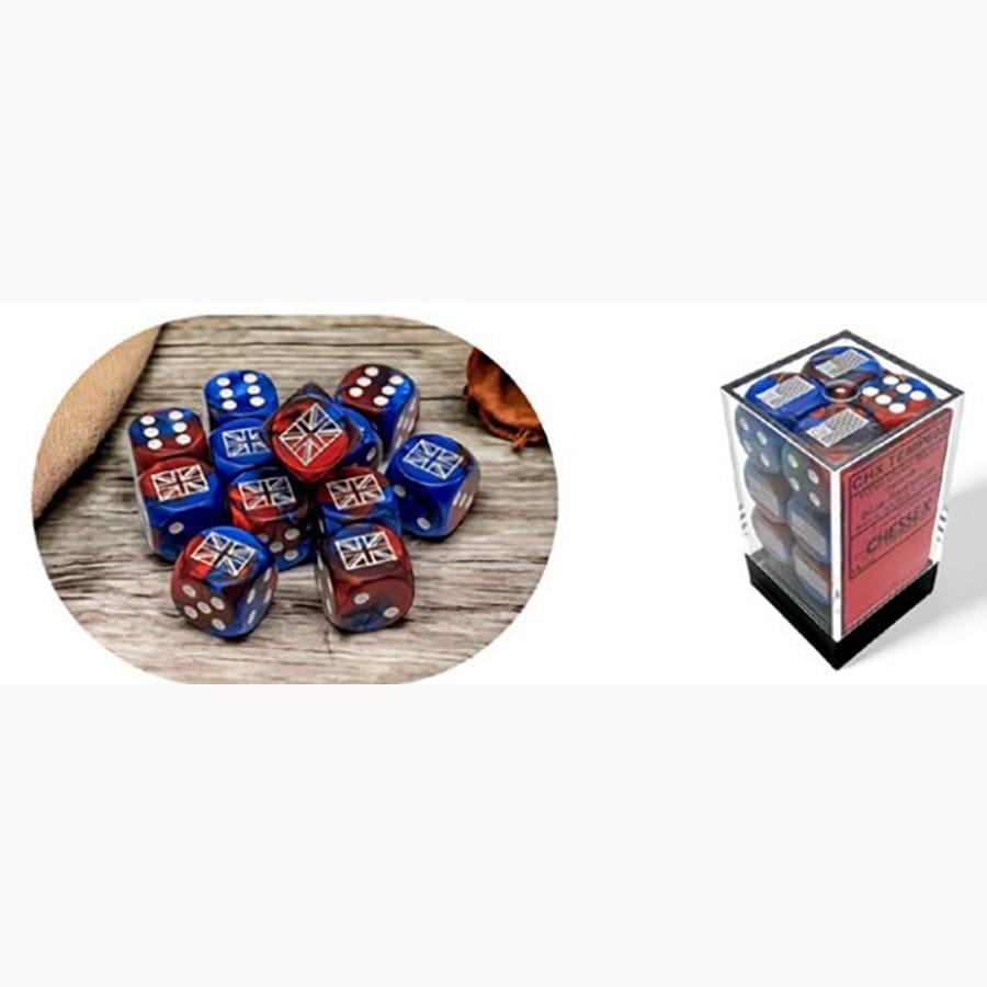 16MM 12CT D6 BLOCK: WORLD WAR 2 DICE: UNITED KINGDOM GEMINI BLUERED WITH WHITE | Gopher Games