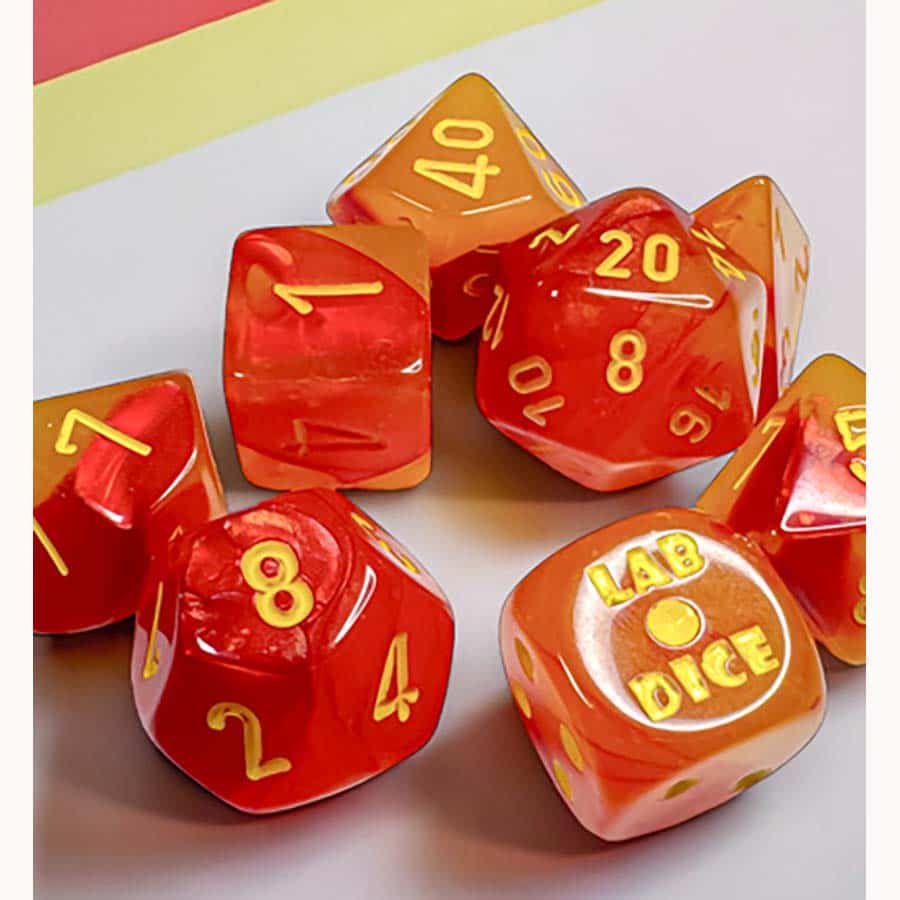 7CT LAB DICE (SERIES 8): GEMINI GELLOW-RED WITH YELLOW LUMINARY | Gopher Games