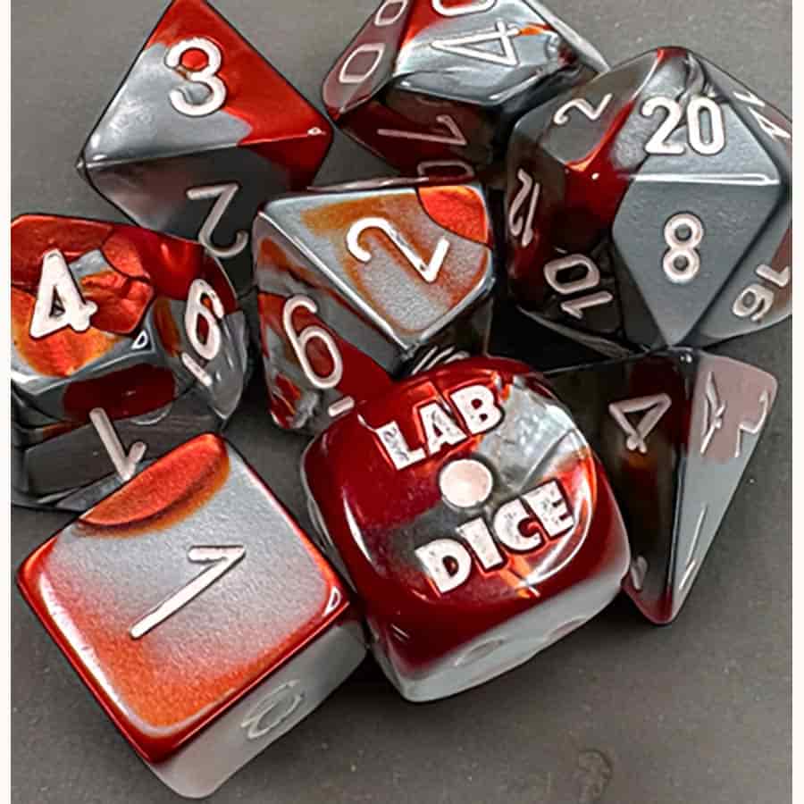 7CT LAB DICE (SERIES 8): GEMINI RED-STEEL WITH WHITE | Gopher Games