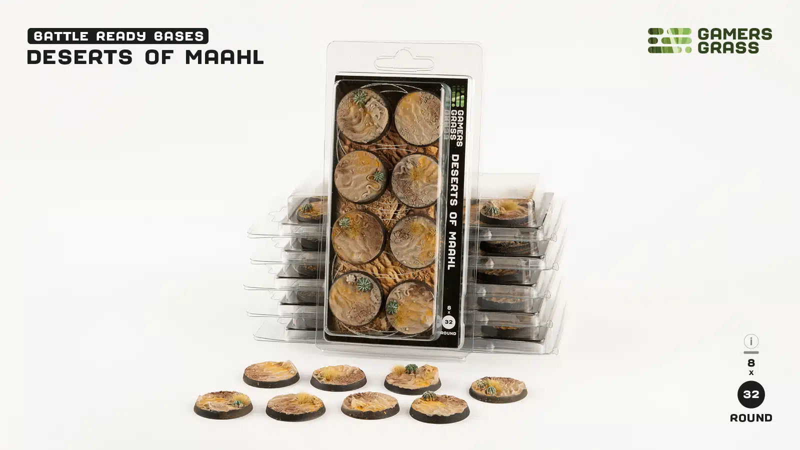 Gamers Grass Deserts of Maahl Bases Round 32mm x8 | Gopher Games