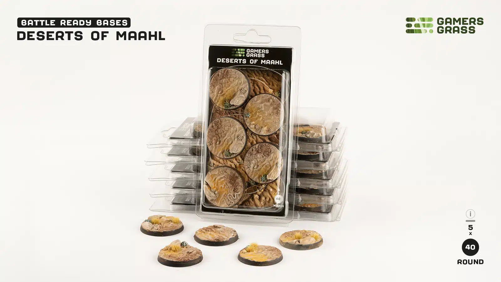 Gamers Grass Deserts of Maahl Bases Round 40mm x5 | Gopher Games