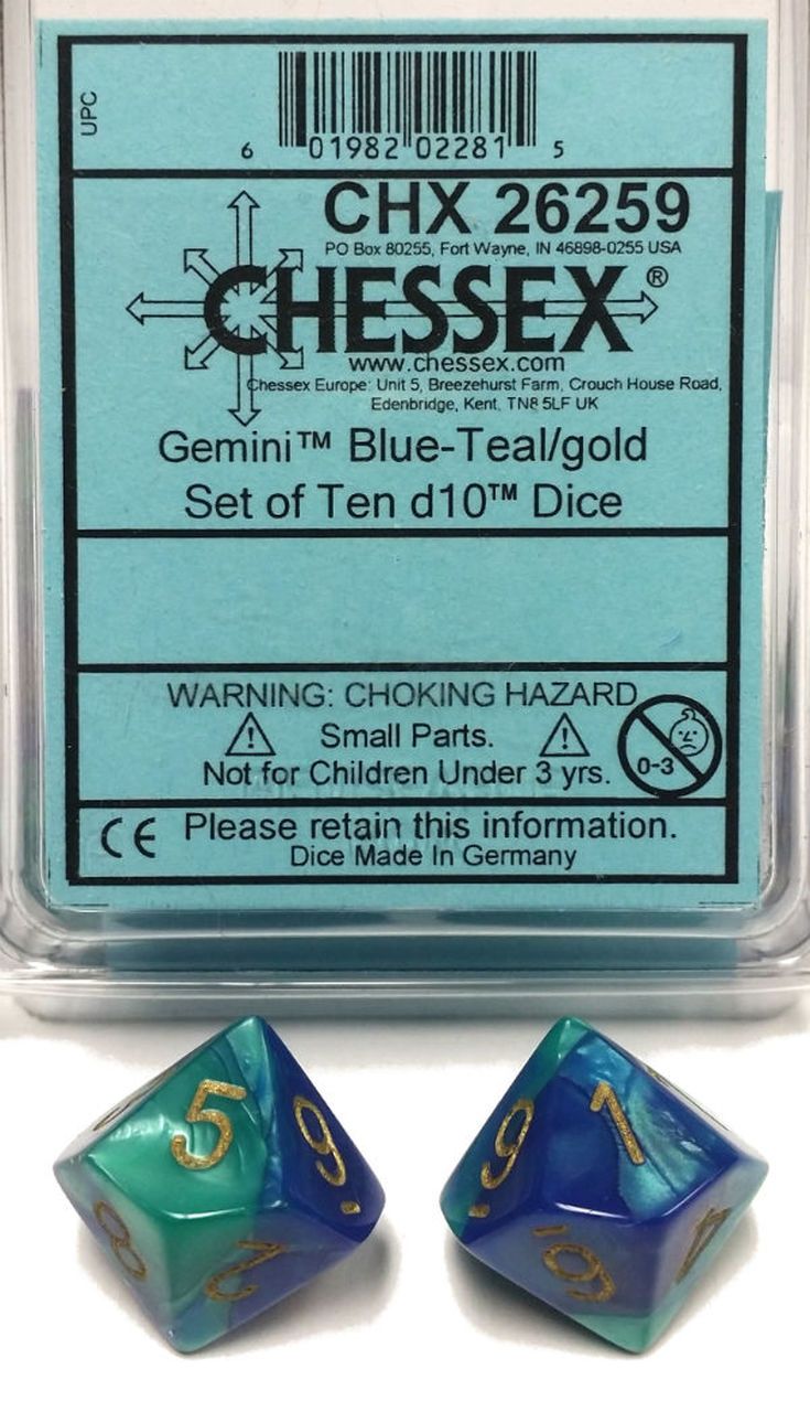 Gemini: Blue-Teal/Gold D10 Set | Gopher Games