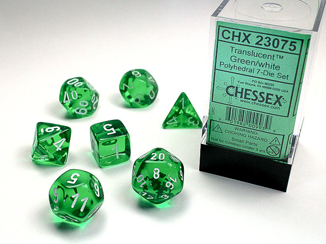 Translucent Polyhedral Green/white 7-Die Set | Gopher Games