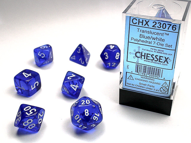 Translucent Polyhedral Blue/white 7-Die Set | Gopher Games