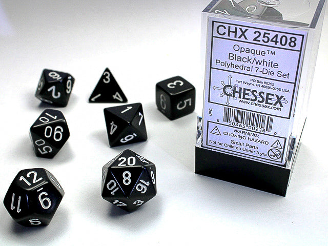 Opaque Polyhedral Black/white 7-Die Set | Gopher Games