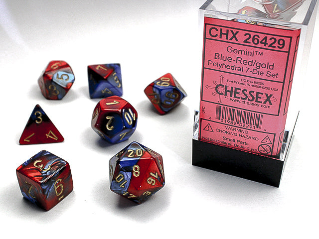 Gemini Polyhedral Blue-Red/gold 7-Die Set | Gopher Games