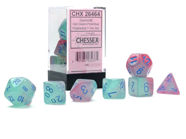 Gemini® Polyhedral Gel Green-Pink/blue Luminary™ 7-Die Set | Gopher Games